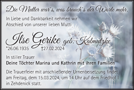 Traueranzeige von Ilse Gerike von Märkische Oderzeitung