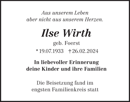 Traueranzeige von Ilse Wirth von Märkische Oderzeitung