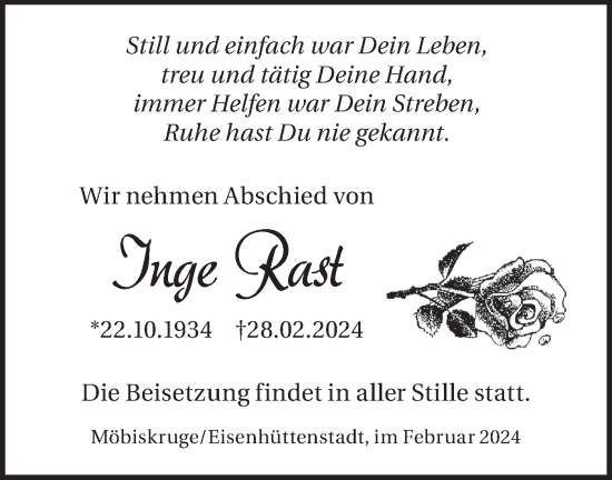 Traueranzeige von Inge Rast von Märkische Oderzeitung