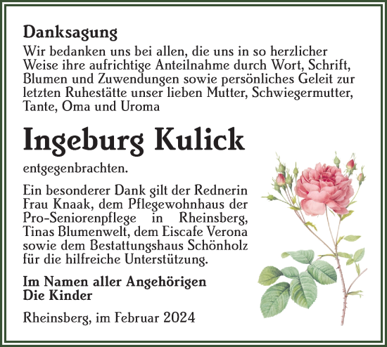 Traueranzeige von Ingeburg Kulick von Märkische Oderzeitung