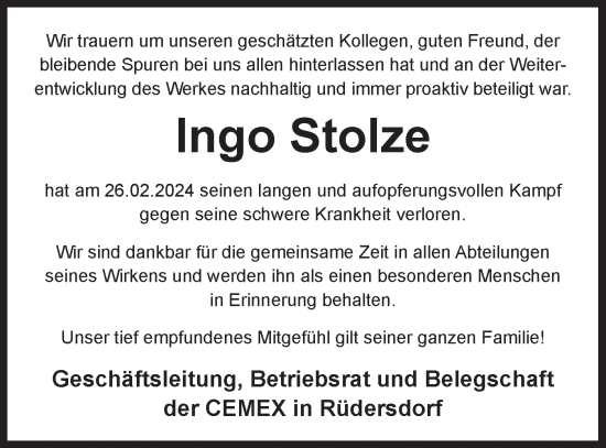 Traueranzeige von Ingo Stolze von Märkische Oderzeitung