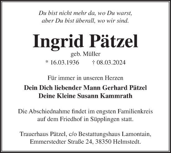 Traueranzeige von Ingrid Pätzel von Märkische Oderzeitung