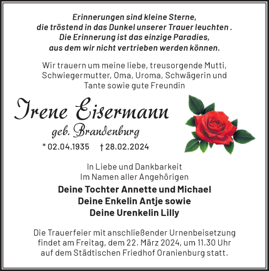 Traueranzeige von Irene Eisermann von Märkische Oderzeitung