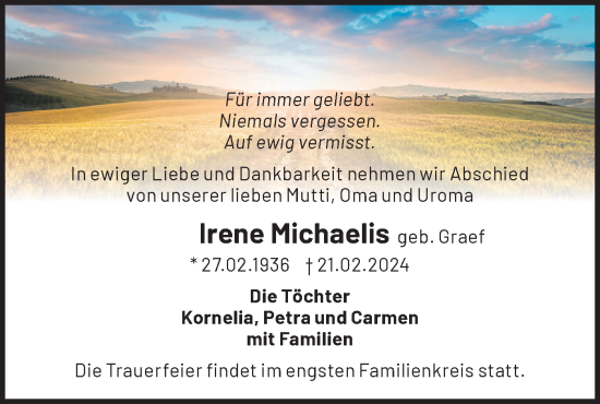 Traueranzeige von Irene Michaelis von Märkische Oderzeitung