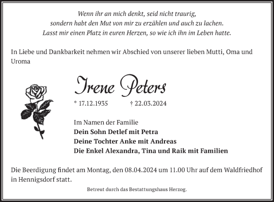 Traueranzeige von Irene Peters von Märkische Oderzeitung