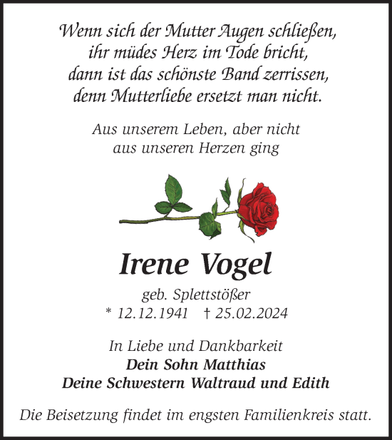 Traueranzeige von Irene Vogel von Märkische Oderzeitung