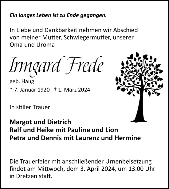 Traueranzeige von Irmgard Frede von Märkische Oderzeitung