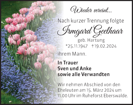 Traueranzeige von Irmgard Geelhaar von Märkische Oderzeitung