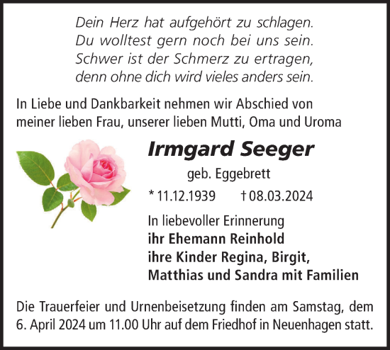 Traueranzeige von Irmgard Seeger von Märkische Oderzeitung