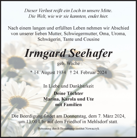 Traueranzeige von Irmgard Seehafer von Märkische Oderzeitung