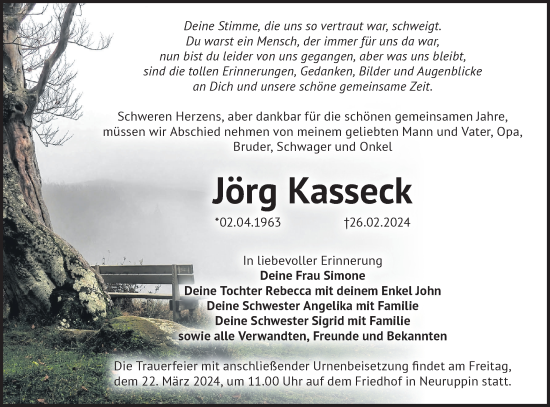 Traueranzeige von Jörg Kasseck von Märkische Oderzeitung