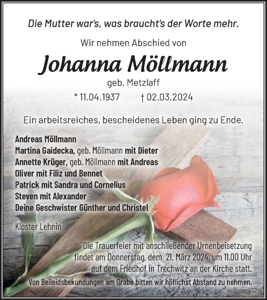 Traueranzeige von Johanna Möllmann von Märkische Oderzeitung