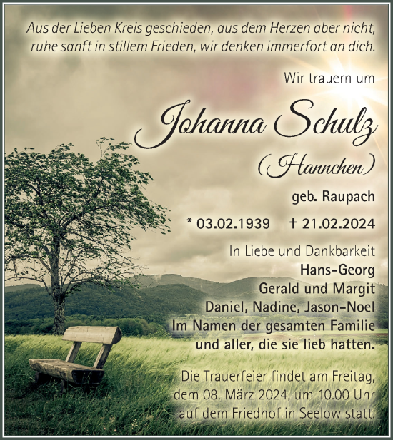Traueranzeige von Johanna Schulz von Märkische Oderzeitung