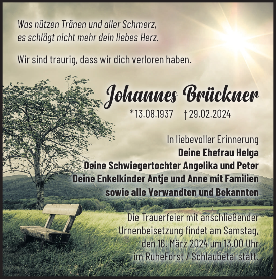 Traueranzeige von Johannes Brückner von Märkische Oderzeitung