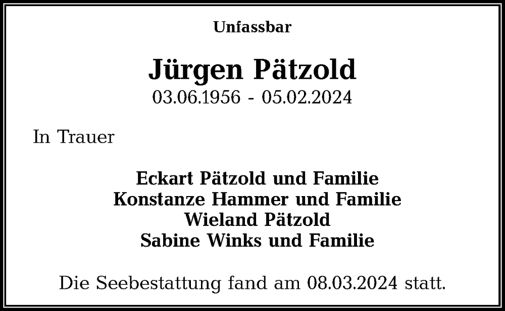  Traueranzeige für Jürgen Pätzold vom 14.03.2024 aus Märkische Oderzeitung
