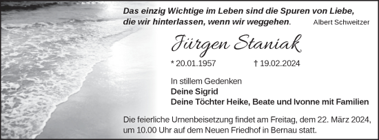 Traueranzeige von Jürgen Staniak von Märkische Oderzeitung