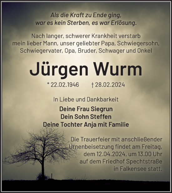 Traueranzeige von Jürgen Wurm von Märkische Oderzeitung