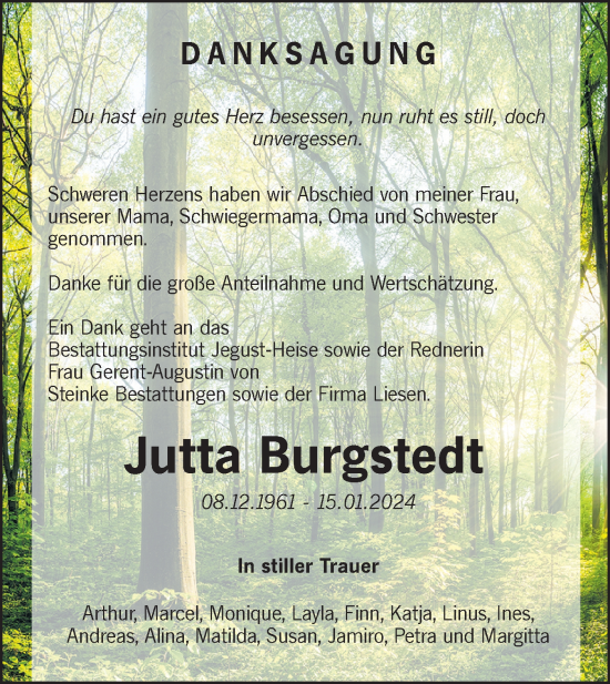 Traueranzeige von Jutta Burgstedt von Märkische Oderzeitung