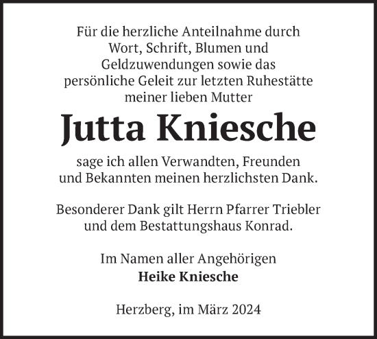 Traueranzeige von Jutta Kniesche von Märkische Oderzeitung