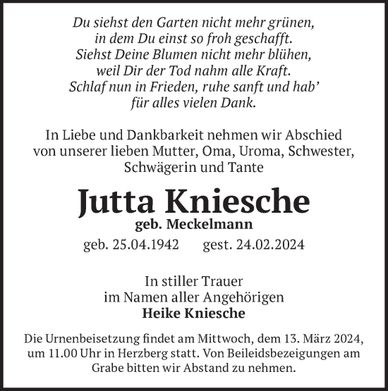Traueranzeige von Jutta Kniesche von Märkische Oderzeitung