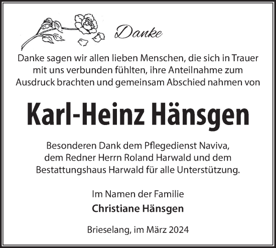 Traueranzeige von Karl-Heinz Hänsgen von Märkische Oderzeitung