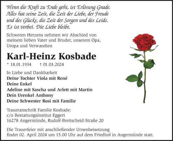 Traueranzeige von Karl-Heinz Kosbade von Märkische Oderzeitung