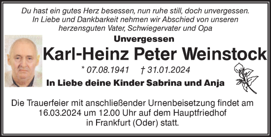 Traueranzeige von Karl-Heinz Peter Weinstock von Märkische Oderzeitung