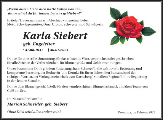 Traueranzeige von Karla Siebert von Märkische Oderzeitung