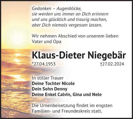 Traueranzeige von Klaus-Dieter Niegebär von Märkische Oderzeitung