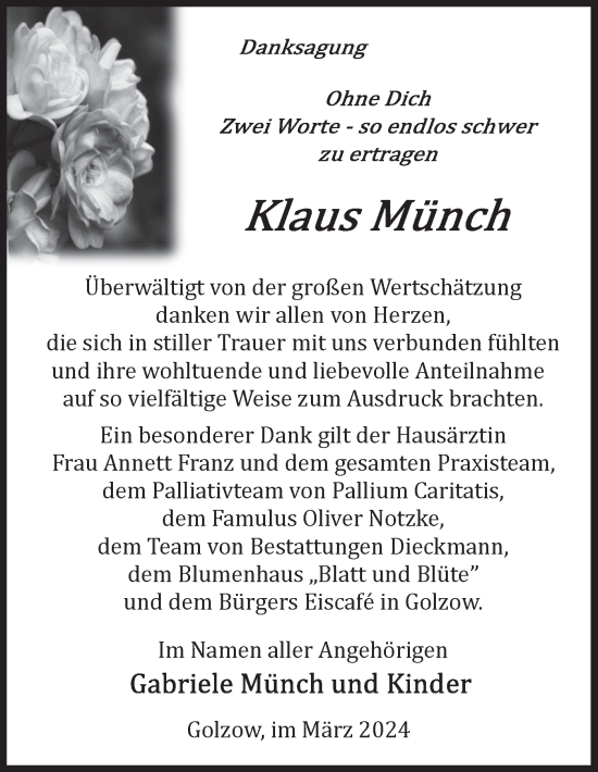 Traueranzeige von Klaus Münch von Märkische Oderzeitung