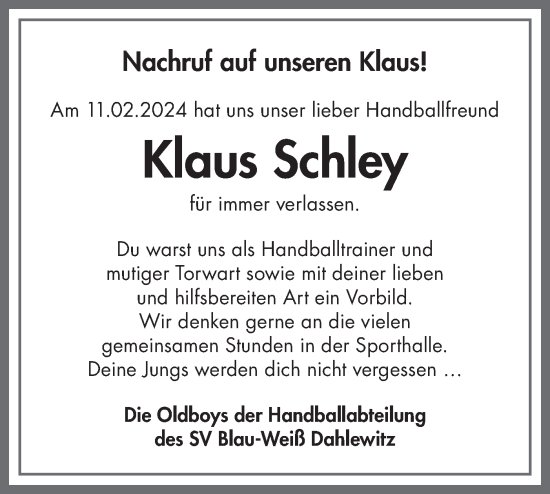 Traueranzeige von Klaus Schley von Märkische Oderzeitung