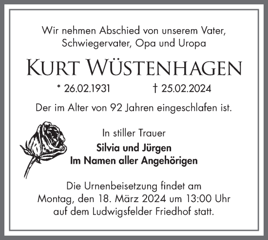 Traueranzeige von Kurt Wüstenhagen von Märkische Oderzeitung