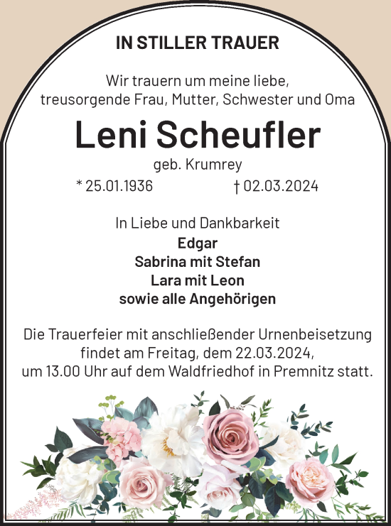 Traueranzeige von Leni Scheufler von Märkische Oderzeitung