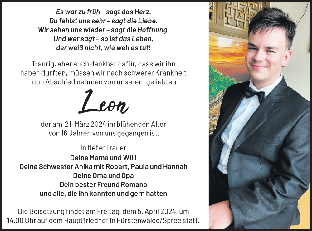  Traueranzeige für Leon  vom 30.03.2024 aus Märkische Oderzeitung