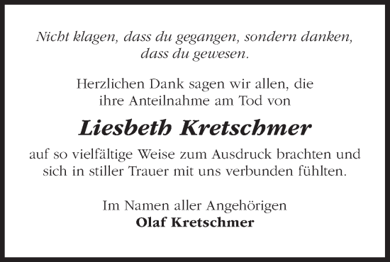 Traueranzeige von Liesbeth Kretschmer von Märkische Oderzeitung