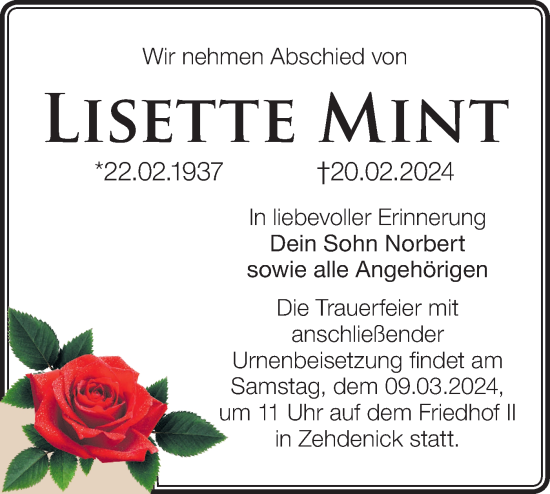 Traueranzeige von Lisette Mint von Märkische Oderzeitung