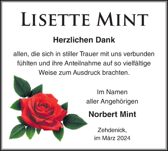 Traueranzeige von Lisette Mint von Märkische Oderzeitung