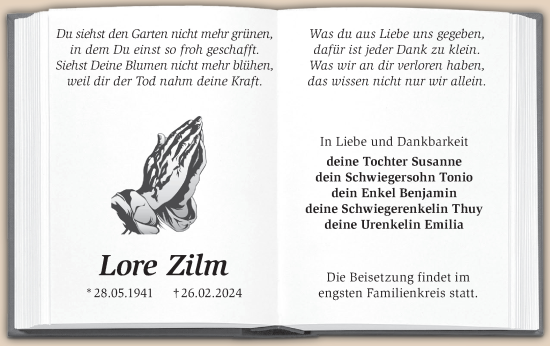 Traueranzeige von Lore Zilm von Märkische Oderzeitung