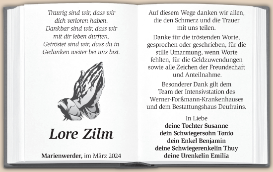 Traueranzeige von Lore Zilm von Märkische Oderzeitung