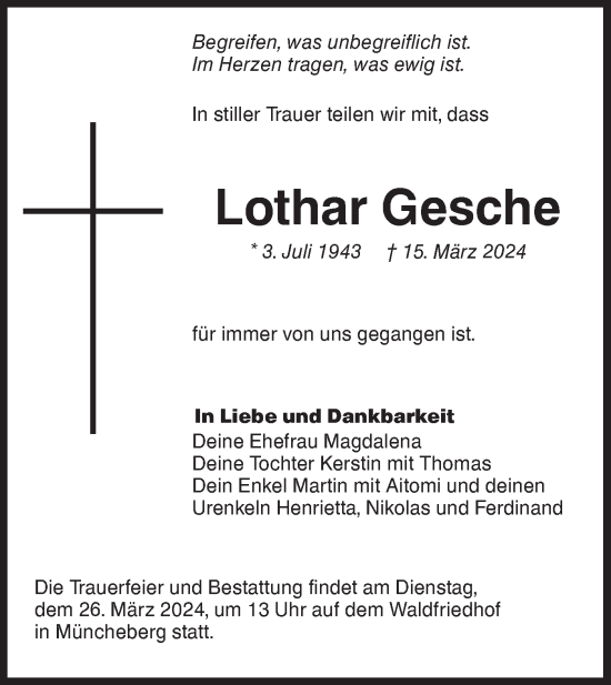 Traueranzeige von Lothar Gesche von Märkische Oderzeitung