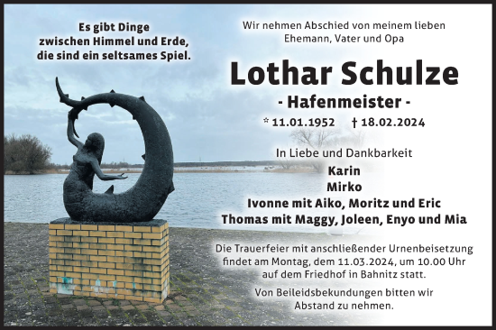 Traueranzeige von Lothar Schulze von Märkische Oderzeitung