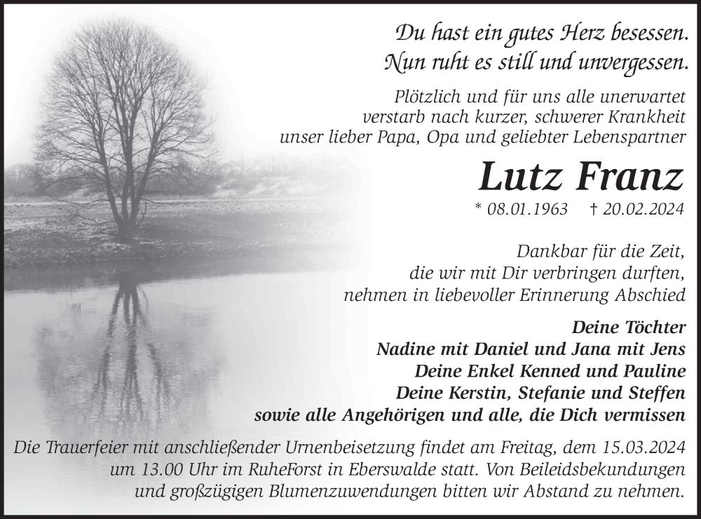  Traueranzeige für Lutz Franz vom 02.03.2024 aus Märkische Oderzeitung