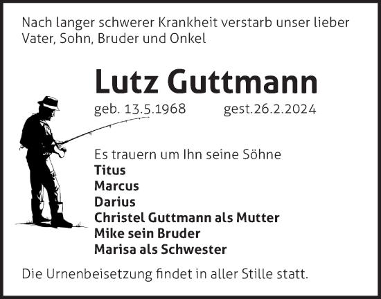 Traueranzeige von Lutz Guttmann von Märkische Oderzeitung