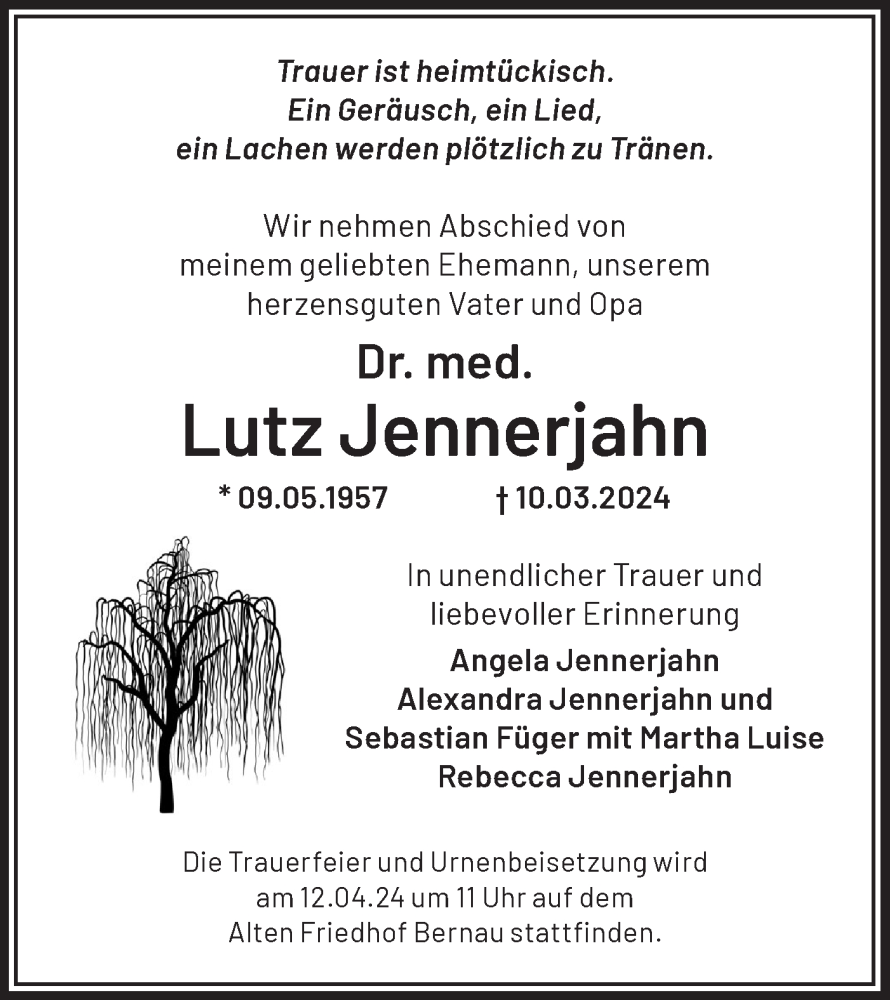  Traueranzeige für Lutz Jennerjahn vom 30.03.2024 aus Märkische Oderzeitung