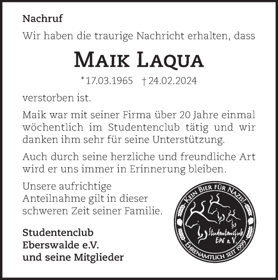 Traueranzeige von Maik Laqua von Märkische Oderzeitung