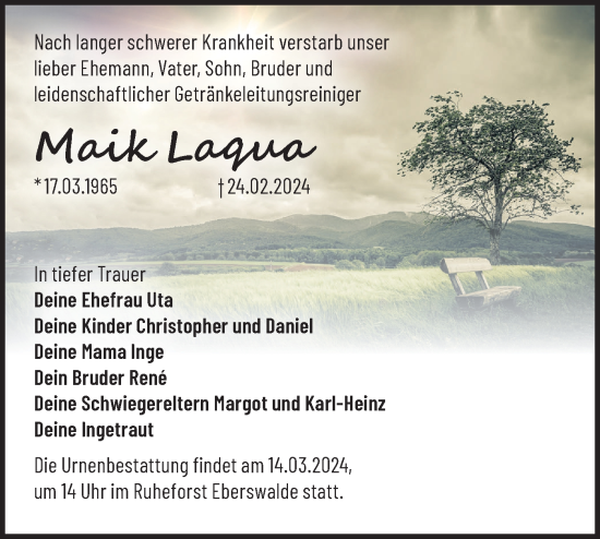 Traueranzeige von Maik Laqua von Märkische Oderzeitung