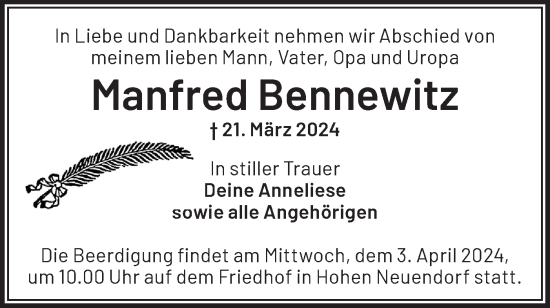 Traueranzeige von Manfred Bennewitz von Märkische Oderzeitung