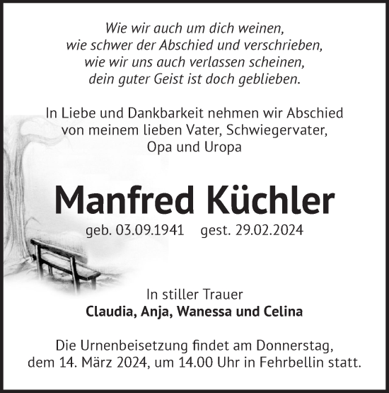 Traueranzeige von Manfred Küchler von Märkische Oderzeitung