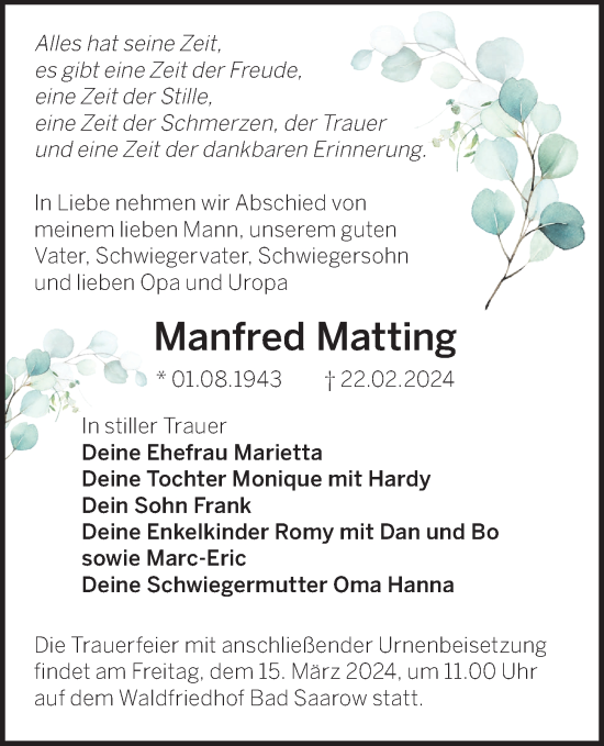 Traueranzeige von Manfred Matting von Märkische Oderzeitung