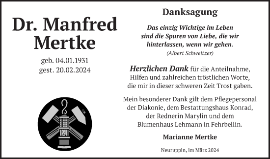Traueranzeige von Manfred Mertke von Märkische Oderzeitung
